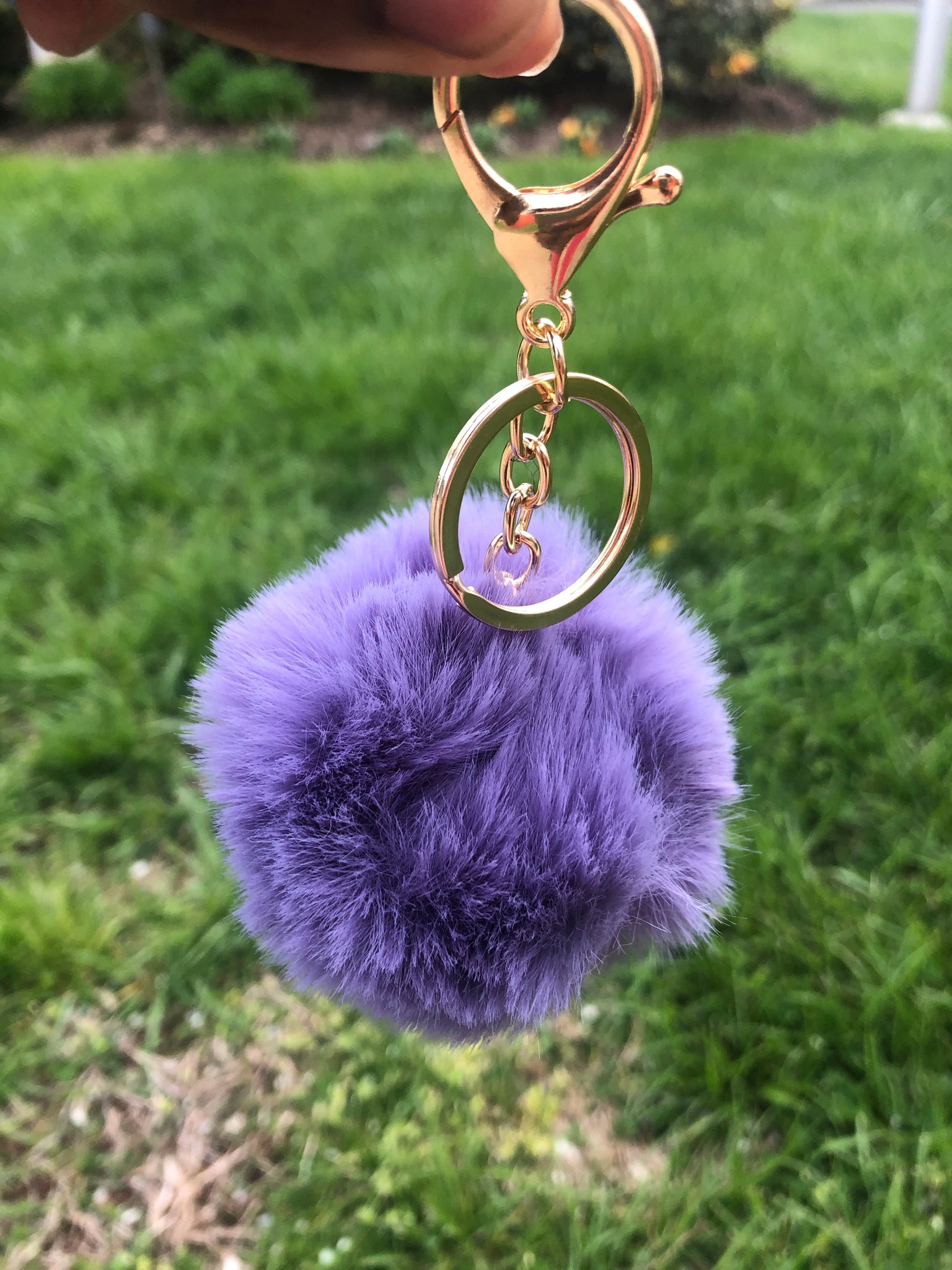Purple Faux Fur Puff Ball Keychain Gold Tone Plastic Lucite Glitter Letter  S